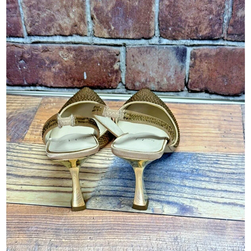 Halston Women's Hawaii Embellished Slingback Pointed Toe Heels Gold Rhinestone 8